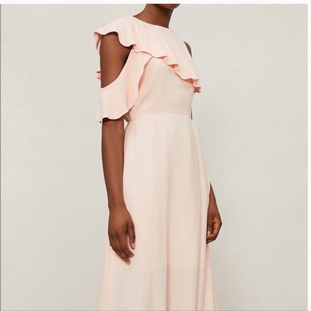 Maje Riveli Cold Shoulder Crepe Midi Elegant Pink Ruffle Dress‎ - Picture 4 of 12